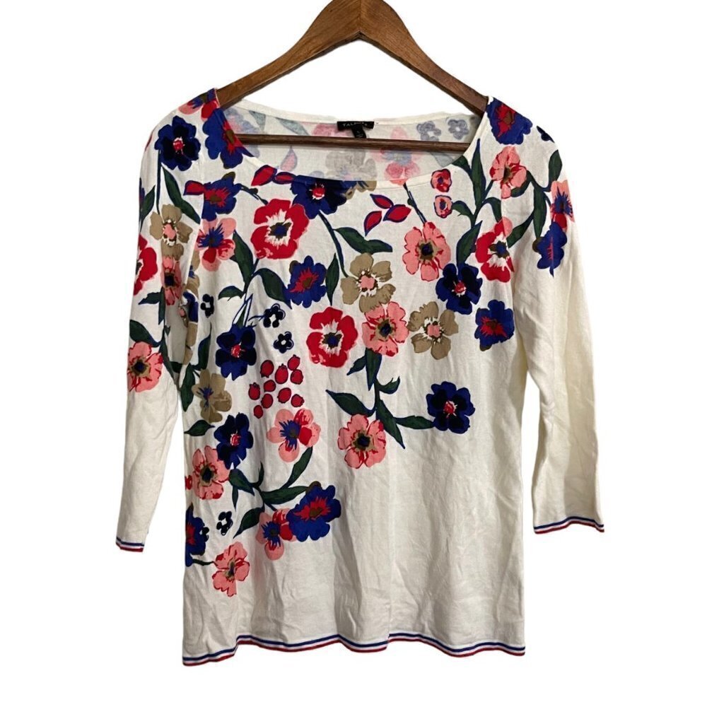 Talbots Womens White Blue Pink Floral Striped Trim 3/4 Sleeve Sweater Small